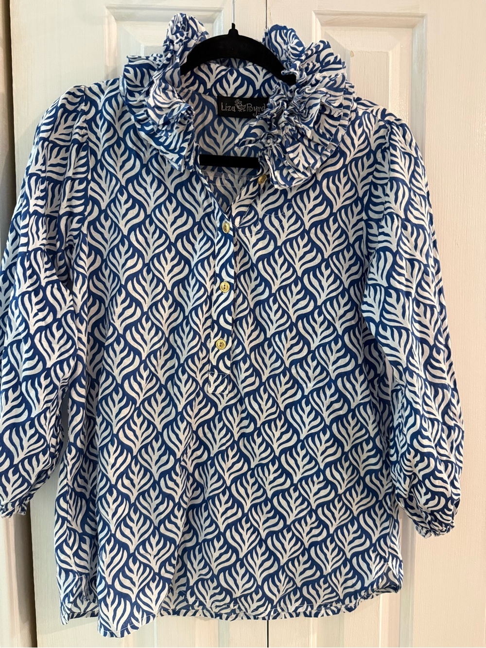 Liza Byrd Navy(royal bluish)White …The Maria Patterned Ruffle-Trim Blouse sz XS